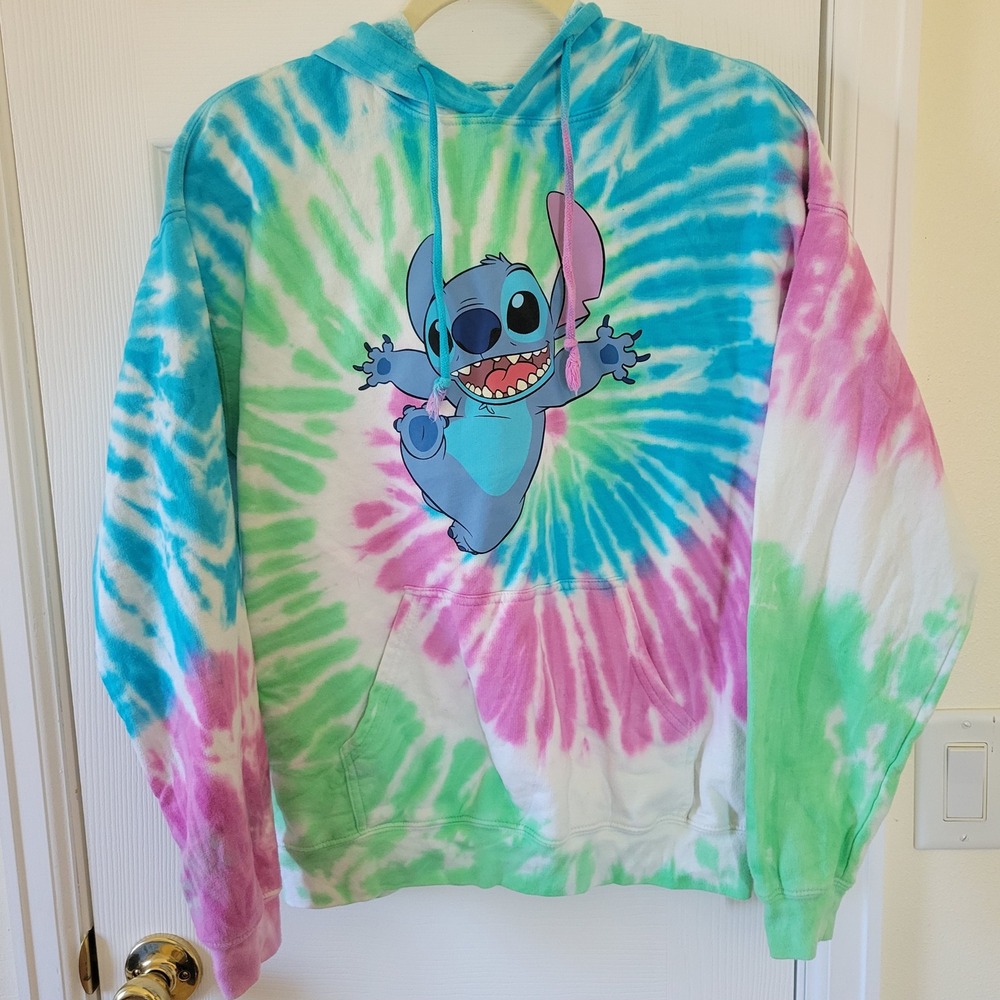 Disney Lilo & Stitch Tie Dye Hoodie Blue Pink Green Graphic Pullover Medium